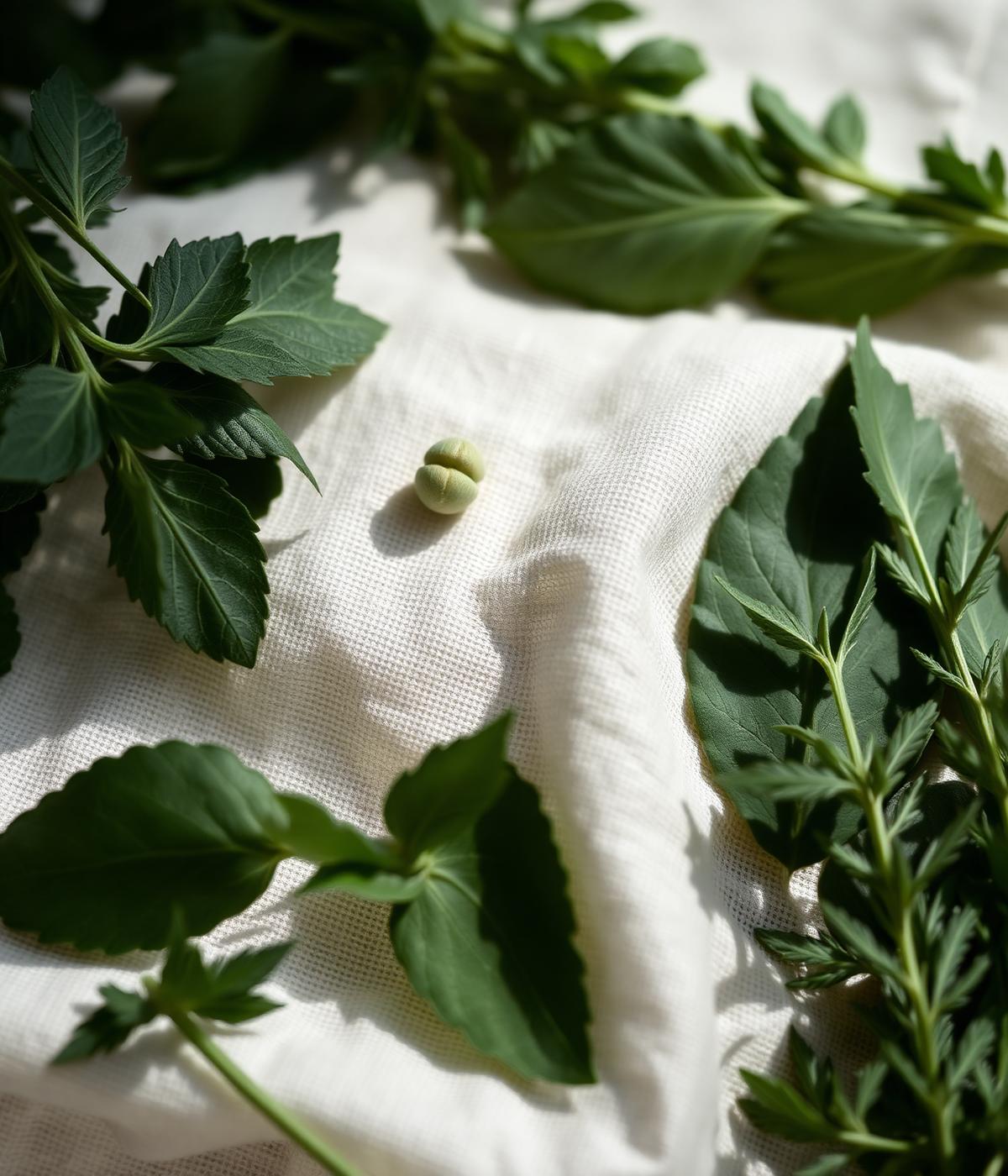 Fresh herbs on linen